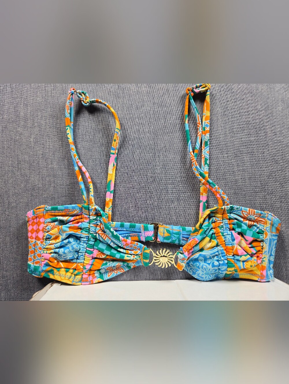Colorful Floral Bikini Top with Sunburst Accent